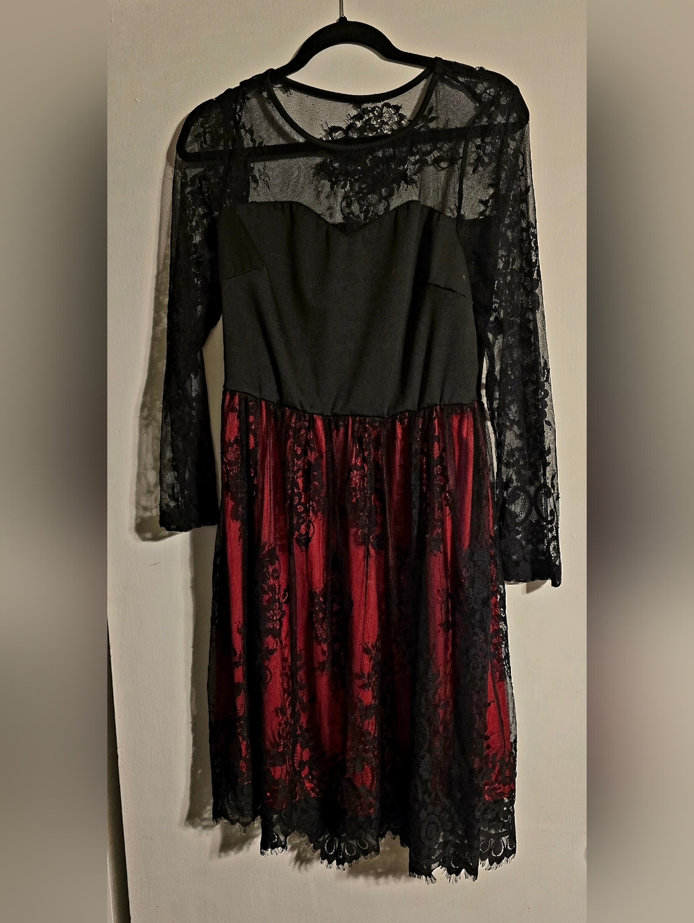 SHEIN Black Lace Bodice Red Satin Skater Dress
